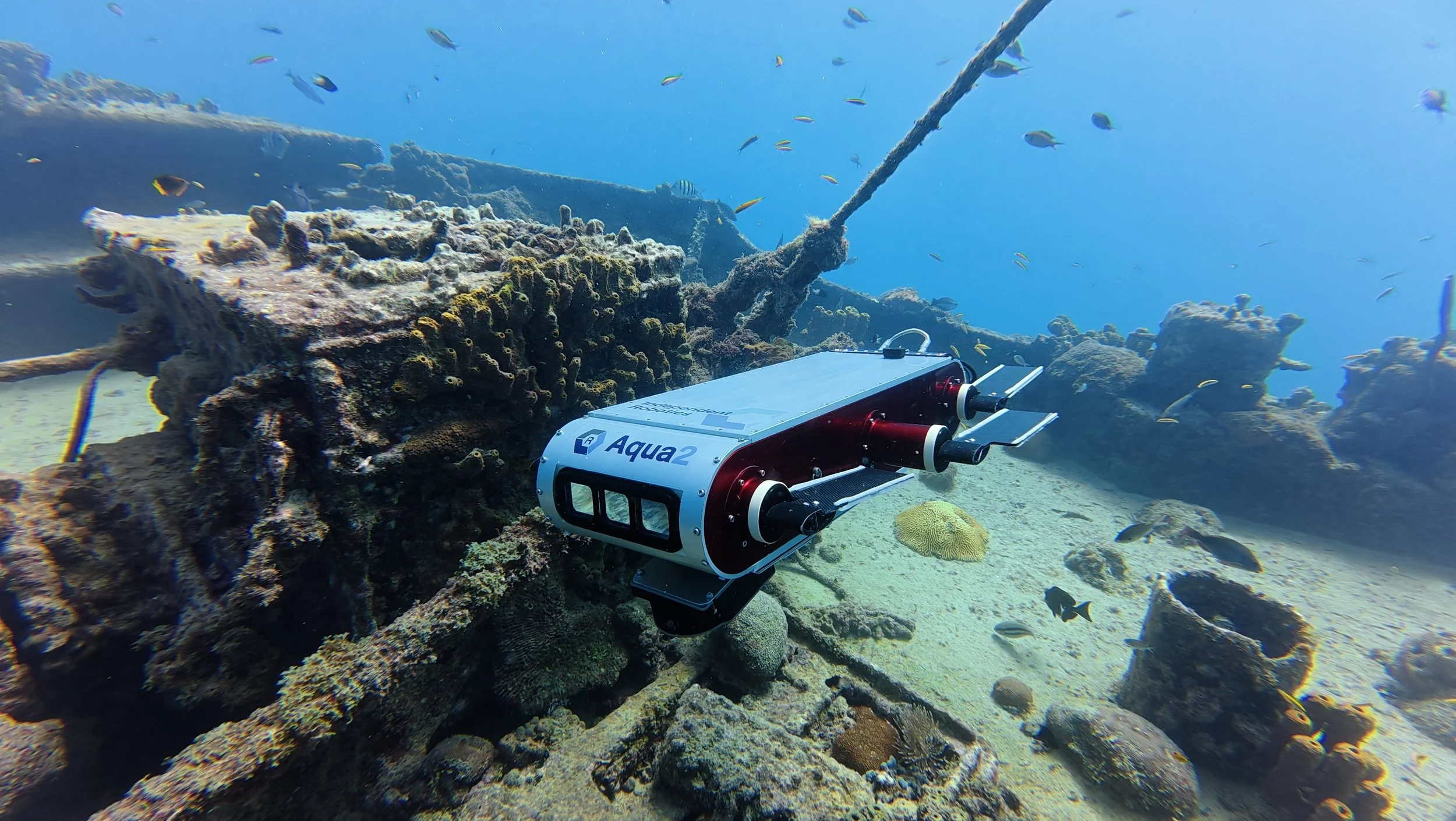 Aqua2 autonomous underwater robot exploring a ship